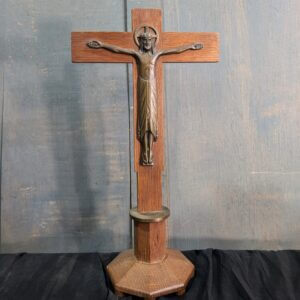 1950's French High Style Vintage Bronze & Oak Table Crucifix from St Joseph's Convent East Molesey