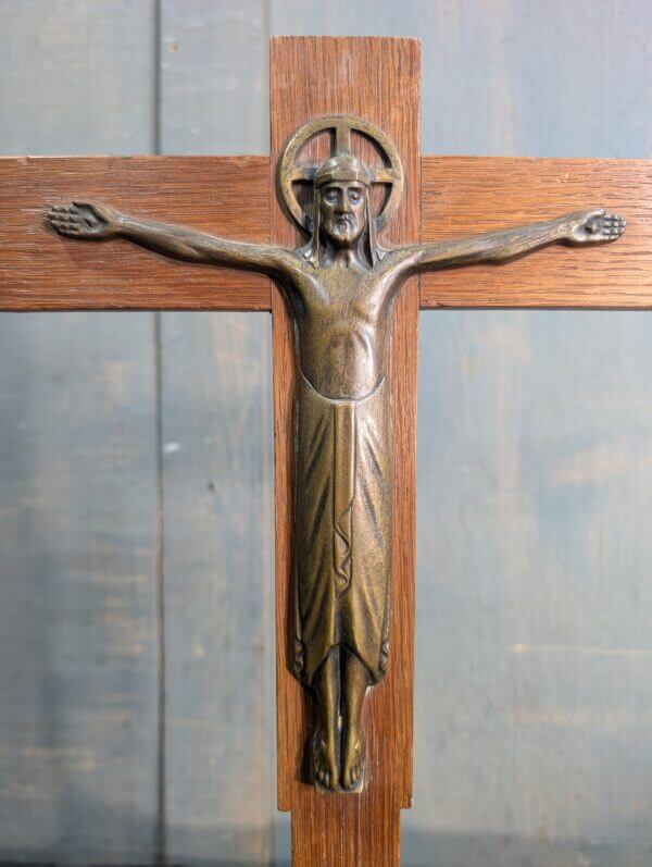 1950's French High Style Vintage Bronze & Oak Table Crucifix from St Joseph's Convent East Molesey