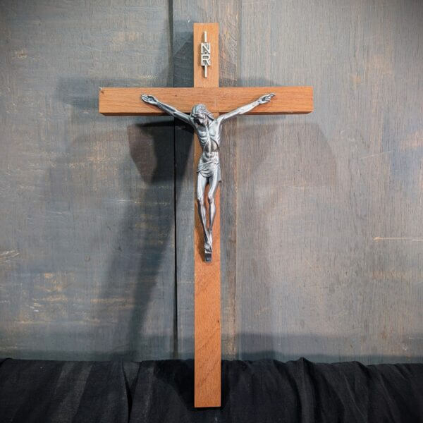 Modern Italian Silver Coloured Metal & Teak Crucifix from St Joseph's Convent East Molesey