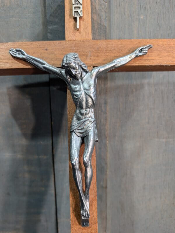 Modern Italian Silver Coloured Metal & Teak Crucifix from St Joseph's Convent East Molesey