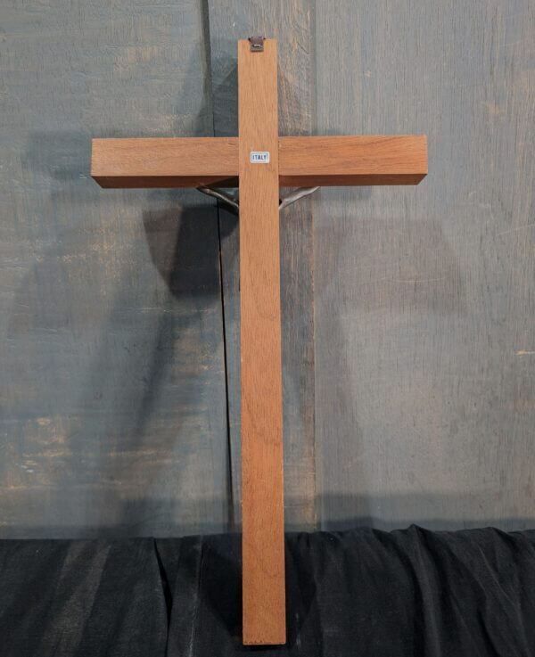 Modern Italian Silver Coloured Metal & Teak Crucifix from St Joseph's Convent East Molesey