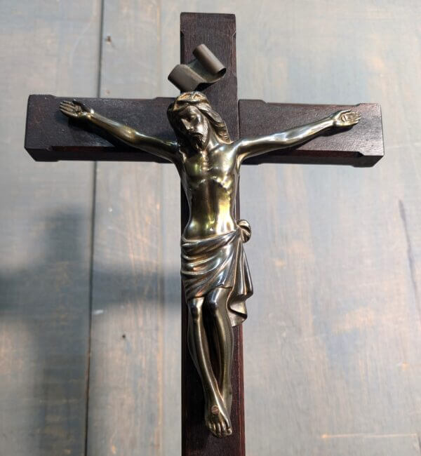 Dark Stained Teak with Dark Gold Coloured Metal Table Crucifix