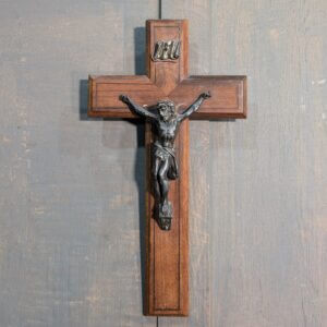 Antique French Inlaid Teak Crucifix with Spelter Figure