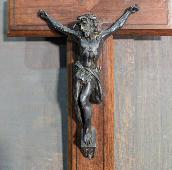 Antique French Inlaid Teak Crucifix with Spelter Figure