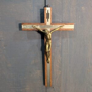 1970's Vintage Italian Modern Gold Coloured Figure & Inlaid Teak Crucifix