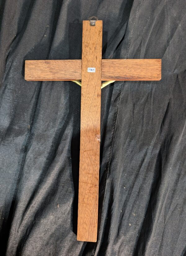 1970's Vintage Italian Modern Gold Coloured Figure & Inlaid Teak Crucifix