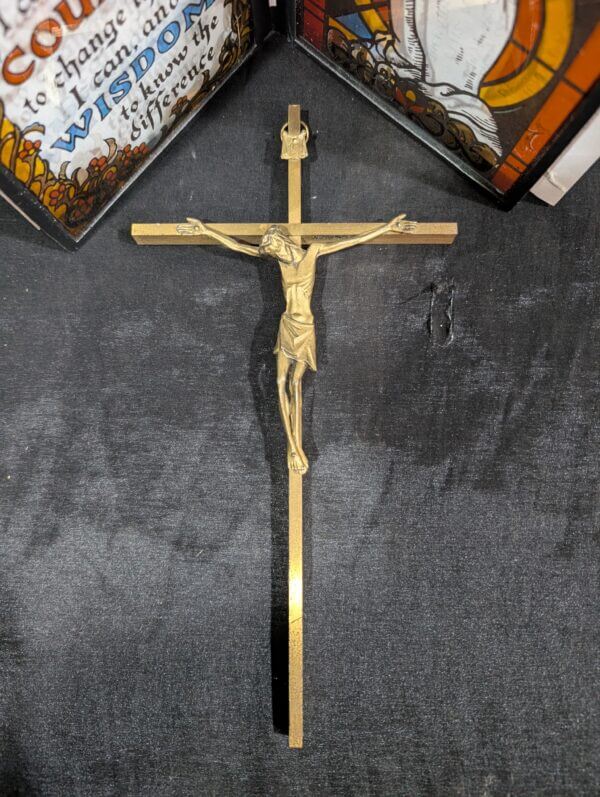 Modern Brass Small Crucifix and Fold Out Faux Stained Glass Decorative Homily