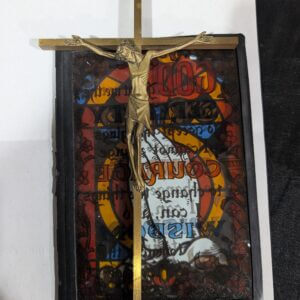 Modern Brass Small Crucifix and Fold Out Faux Stained Glass Decorative Homily