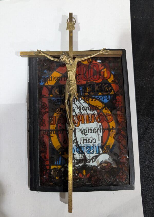 Modern Brass Small Crucifix and Fold Out Faux Stained Glass Decorative Homily