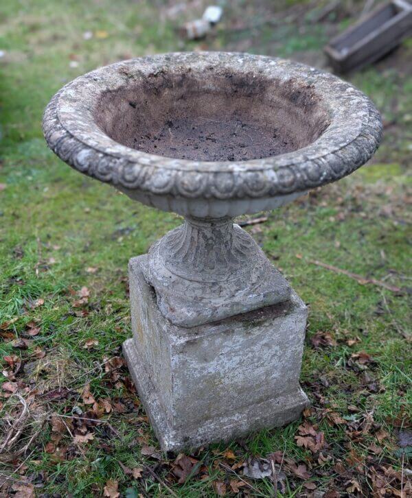 Composition Stone Urn in the Classical Style with Matching Plinth Base