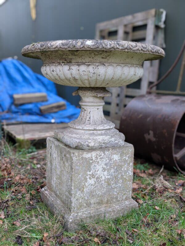 Composition Stone Urn in the Classical Style with Matching Plinth Base