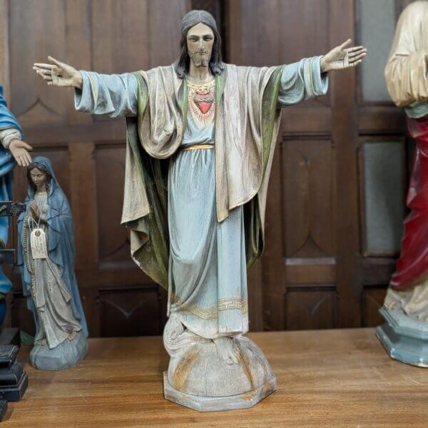 Very Fine Antique Carved & Painted Wooden Religious Statue of Christ the Redeemer Sacred Heart