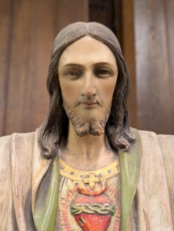 Very Fine Antique Carved & Painted Wooden Religious Statue of Christ the Redeemer Sacred Heart