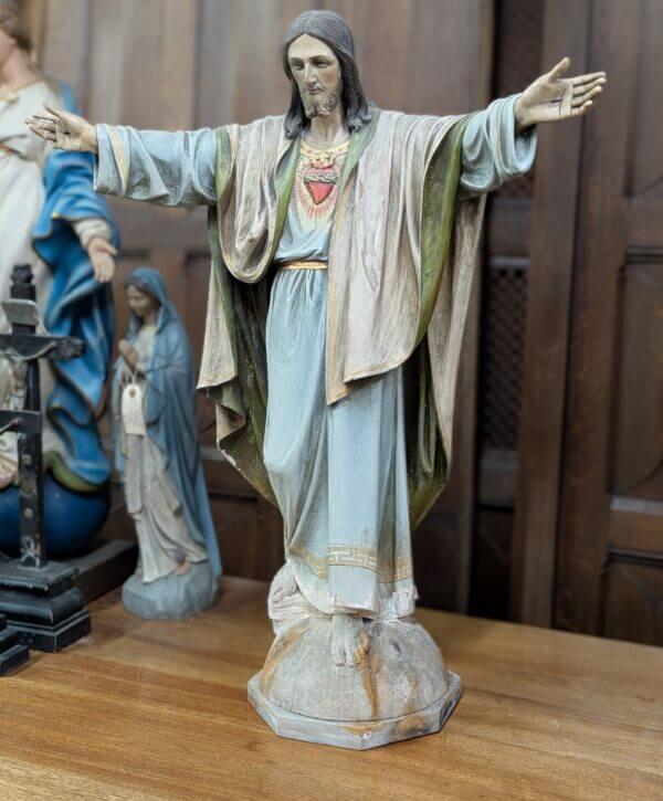 Very Fine Antique Carved & Painted Wooden Religious Statue of Christ the Redeemer Sacred Heart