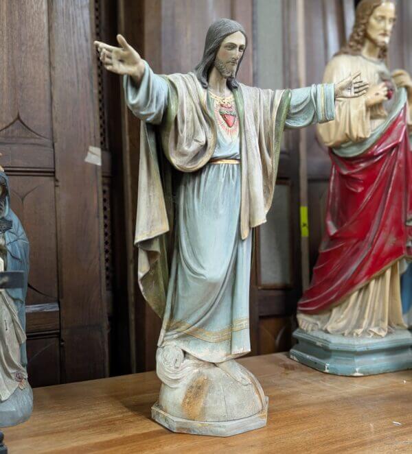 Very Fine Antique Carved & Painted Wooden Religious Statue of Christ the Redeemer Sacred Heart