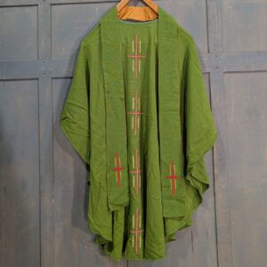 1970's Vintage Green Linen Chasuble with Red Crosses & Stole