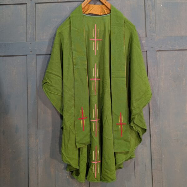 1970's Vintage Green Linen Chasuble with Red Crosses & Stole