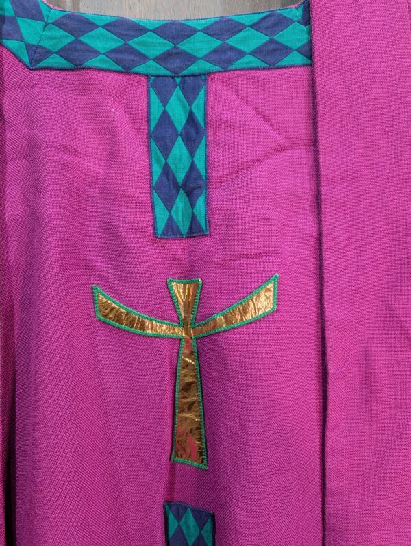 1970's Vintage Linen Chasuble & Stole with Gold Crosses and Navy , Green Diamond Orphreys