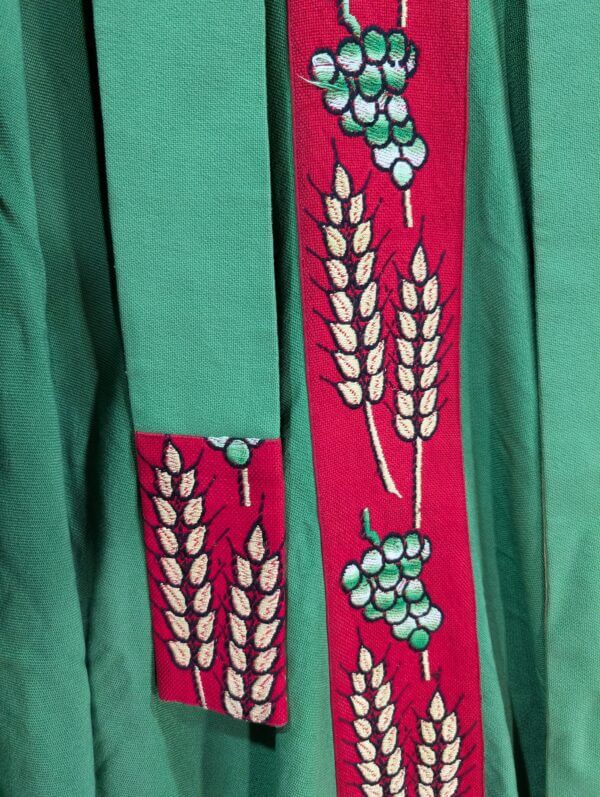 1960's Vintage Green Chasuble & Stole with Red Orphreys Depicting Grapes & Wheat