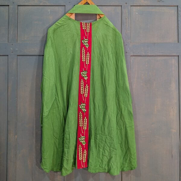 1960's Vintage Green Chasuble & Stole with Red Orphreys Depicting Grapes & Wheat