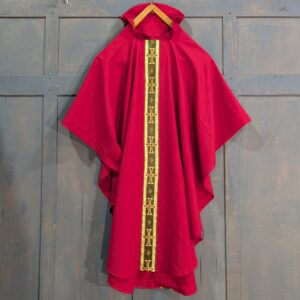 Red Linen Chasuble with Collar and Olive/Red Orphrey