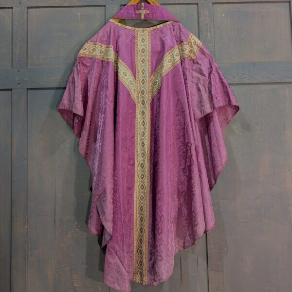 Lovely Subtle Purple Damask Silk Chasuble & Stole with Pale Green & Coral Orphreys