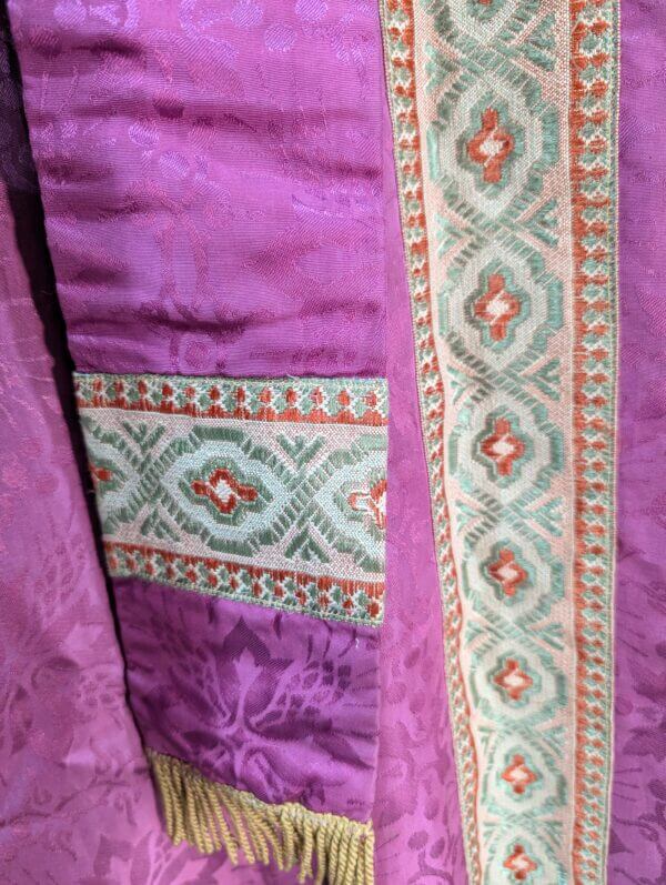 Lovely Subtle Purple Damask Silk Chasuble & Stole with Pale Green & Coral Orphreys