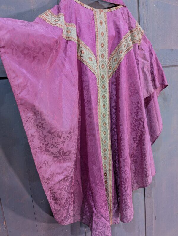 Lovely Subtle Purple Damask Silk Chasuble & Stole with Pale Green & Coral Orphreys