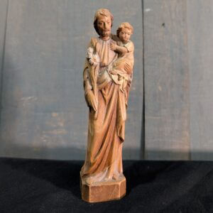 Small Hand Painted Faux Wooden Religious Statue of St Joseph & Child