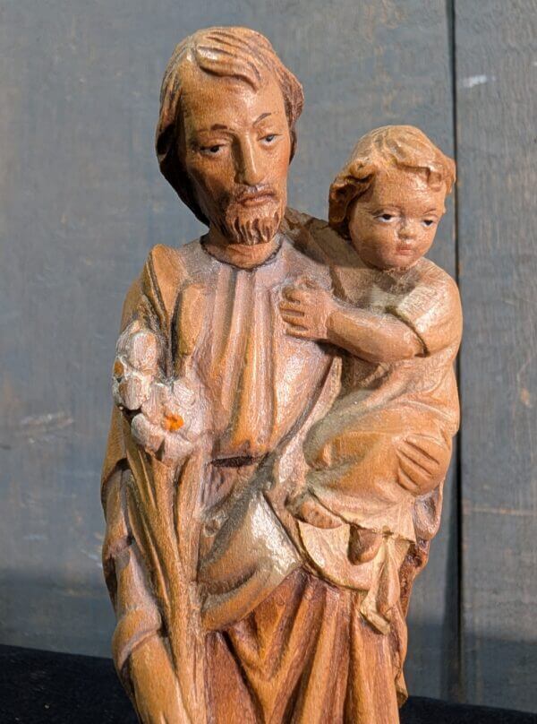 Small Hand Painted Faux Wooden Religious Statue of St Joseph & Child