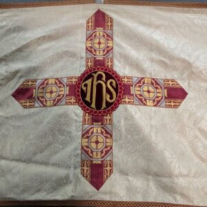 Humeral Veil Ivory Damask Silk with Applique Embroidered IHS Roundel & Cross made from Broad Orphreys