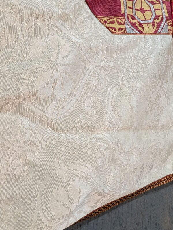 Humeral Veil Ivory Damask Silk with Applique Embroidered IHS Roundel & Cross made from Broad Orphreys