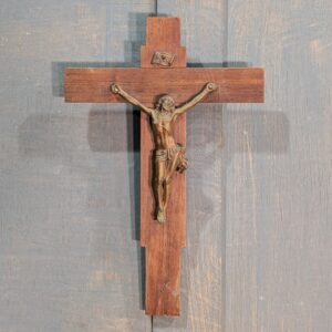 1950's Vintage French Late Deco Teak Crucifix with Bronzed Metal Figure