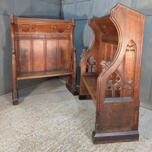 A Pair of Spectacular Antique Gothic Canopied Bishops Throne Chairs Pews