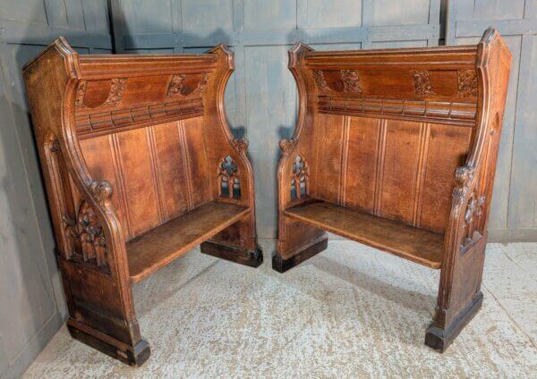 A Pair of Spectacular Antique Gothic Canopied Bishops Throne Chairs Pews