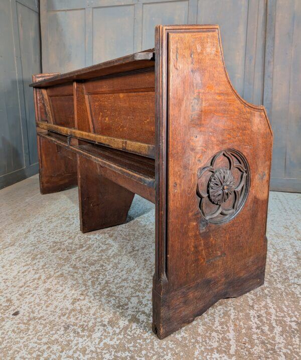 Antique Carved Oak Church Chapel Choir Pew Bench with Frilled Back Panel