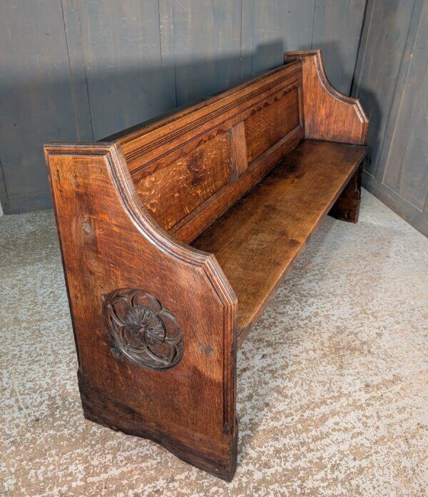 Antique Carved Oak Church Chapel Choir Pew Bench with Frilled Back Panel