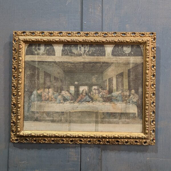 Interesting Gold Framed Faded Vintage Last Supper printed on Coarse Grain Linen