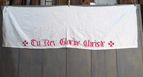 White Linen Altar Hanging Embroidered 'Tu Rex Gloria Christie' from St Joseph's East Molesey