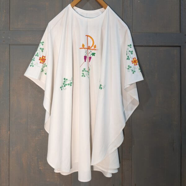 Large Embroidered White Chasuble with PAX Symbol with Vines