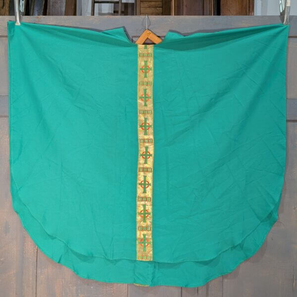 Large Green Modern Chasuble with Gold Broad Be-Crossed Orphrey Front & Back