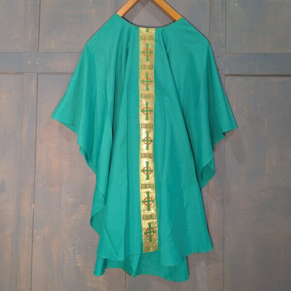 Large Green Modern Chasuble with Gold Broad Be-Crossed Orphrey Front & Back