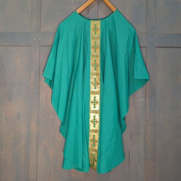 Large Green Modern Chasuble with Gold Broad Be-Crossed Orphrey Front & Back