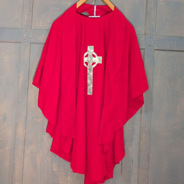 Large Red Modern Chasuble with Applique Celtic Cross & Matching Stole