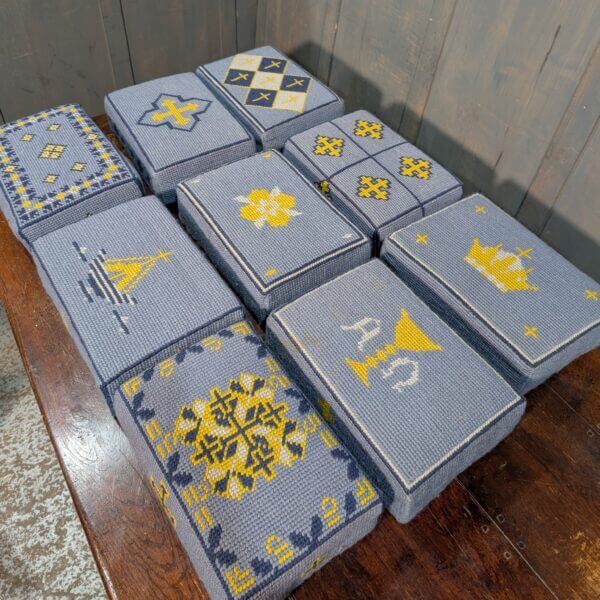 Set of Nine Embroidered Blue & Yellow Hassocks Cushions Kneelers from Midhurst Parish Church