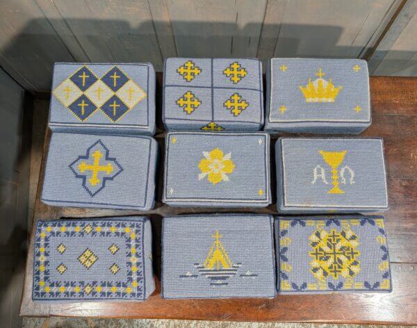 Set of Nine Embroidered Blue & Yellow Hassocks Cushions Kneelers from Midhurst Parish Church