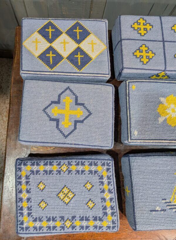 Set of Nine Embroidered Blue & Yellow Hassocks Cushions Kneelers from Midhurst Parish Church