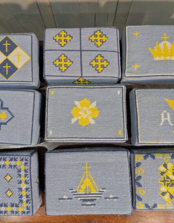 Set of Nine Embroidered Blue & Yellow Hassocks Cushions Kneelers from Midhurst Parish Church