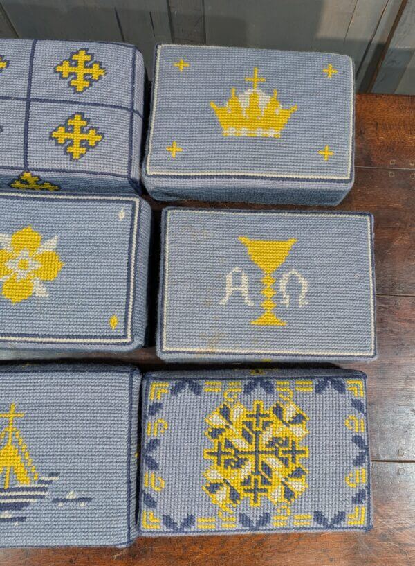 Set of Nine Embroidered Blue & Yellow Hassocks Cushions Kneelers from Midhurst Parish Church