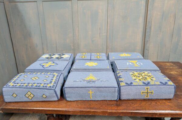 Set of Nine Embroidered Blue & Yellow Hassocks Cushions Kneelers from Midhurst Parish Church